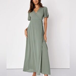 Lulus “Much Obliged” maxi wrap dress, green
